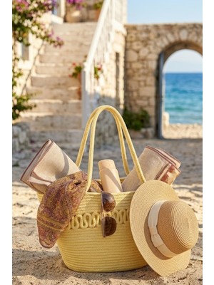 Comfort Craft Premium Desenli Hasır Dokulu Kadın Plaj Çantası - El Örgüsü Stil Tatil ve Şehir Çantası