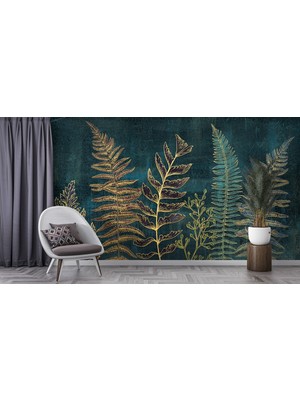 Lotus Aura Lüks Botanik Duvar Kağıdı, Altın Çizgili Bitki Desenli Duvar Dekoru