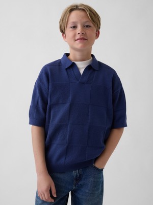 Gap Erkek Çocuk Koyu Mavi Johnny Yaka Kareli Triko T-Shirt
