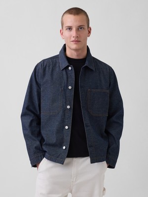 Gap Erkek Koyu Mavi Canvas Denim Relaxed Gömlek Ceket