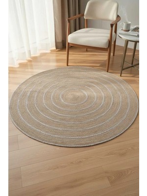 Home İnn Tekstil Home İnn Yuvarlak Doğal Hasır Görünümlü Halı – Çizgili Bohem Modern Salon ve Oturma Odası Dekor Halısı