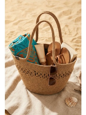 Comfort Craft Premium Desenli Hasır Dokulu Kadın Plaj Çantası - El Örgüsü Stil Tatil ve Şehir Çantası