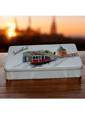 Istanbul Nostaljik Tramvay Temalı Metal Hediyelik Kapaklı Saklama Kutusu