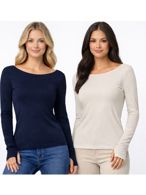 Hayalet Kadın Ikili Set Ultra Soft Premium Relax Basic T-Shirt – Parmak Geçirmeli, Slim Fit, Uzun Kollu