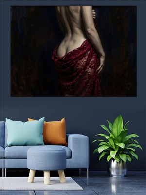 Tablomega Kırmızı Şallı Çıplak Kadın Sırtı Dekoratif Kanvas - Mdf Ahşap Tablo