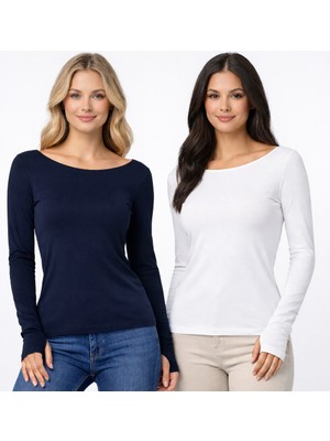 Hayalet Kadın Ikili Set Ultra Soft Premium Relax Basic T-Shirt – Parmak Geçirmeli, Slim Fit, Uzun Kollu