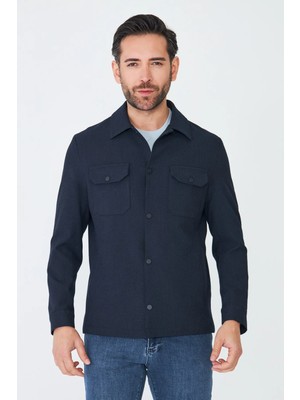 White Stone Lacivert Önden Cepli Mevsimlik Gömlek Mont