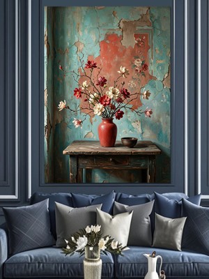 Tablomega Masa Üzerinde Vazoda Kırmızı Çiçekler Dekoratif Kanvas - Mdf Ahşap Tablo