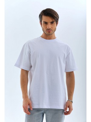 Pileli Store Oversize Düz Bisiklet Yaka T-Shirt - Beyaz