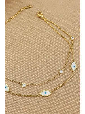 Keyifli Hayaller 316L Çelik Halhal - 2li Kombin Nazar Göz Kalpli Taşlı 316L Çelik Halhal 21+5cm Kararmaz Solmaz