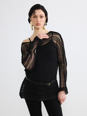 Soulife Kayık Yaka Ajurlu Kadın Triko Kazak