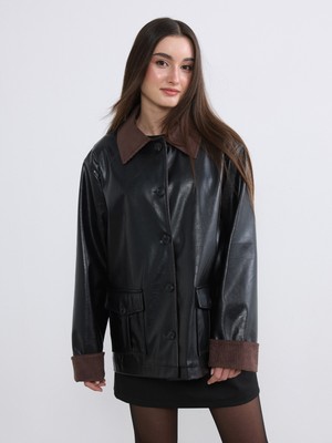 Soulife Petite Kadife Yaka Kadın Deri Görünümlü Mont