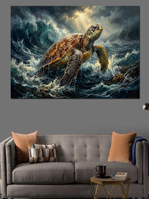 Tablomega Dalgalı Denizde Yüzen Dev Kaplumbağa Dekoratif Kanvas - Mdf Ahşap Tablo
