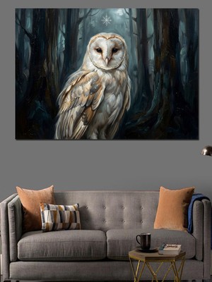 Tablomega Karanlık Ormanda Duran Beyaz Baykuş Dekoratif Kanvas - Mdf Ahşap Tablo