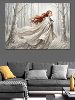 Tablomega Ormanda Yürüyen Beyaz Elbiseli Kadın Dekoratif Kanvas - Mdf Ahşap Tablo