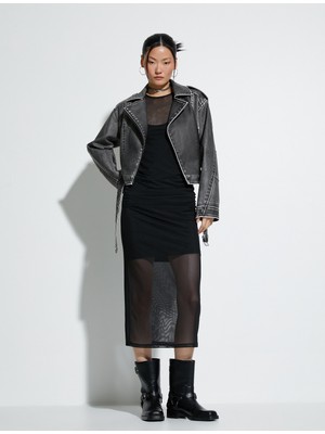 Koton Crop Biker Ceket Suni Deri Kruvaze Fermuarlı