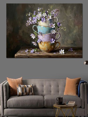Tablomega Üst Üste Dizili Çay Fincanları Dekoratif Kanvas - Mdf Ahşap Tablo