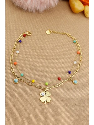 Keyifli Hayaller 316L Çelik Halhal - 2li Kombin Renkli Boncuklu Yoncalı 316L Çelik Halhal 20+4cm Kararmaz