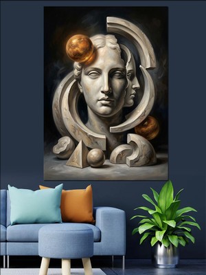 Tablomega Geometrik Heykel Başı Modern Sanat Dekoratif Kanvas - Mdf Ahşap Tablo