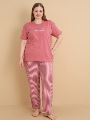 Wordex Mrn 4510 Çizgili Pijamalı Kısa Kollu Penye Büyük Beden Kadın Pijama Takımı
