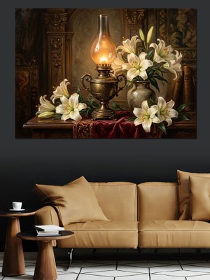 Tablomega Gaz Lambası ve Beyaz Zambaklar Dekoratif Kanvas - Mdf Ahşap Tablo