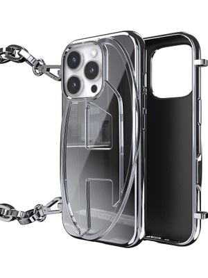 Diesel iPhone 16 Pro Uyumlu Oval D Parlak Zincirli Kılıf - Gümüş