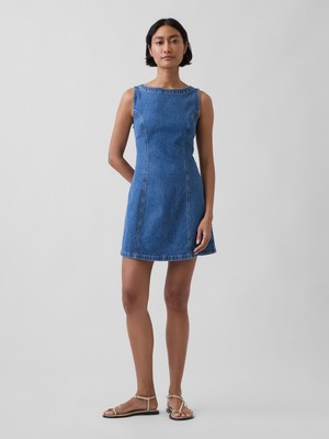 Gap Kadın Mavi Denim Botneck Open-Back Mini Elbise