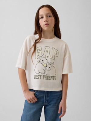 Gap Kız Çocuk Beyaz Oversized Grafik Logo T-Shirt