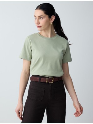 Jimmy Key Ada Çayı Yeşili %100 Pamuk Kısa Kollu Basic Örme Tişört