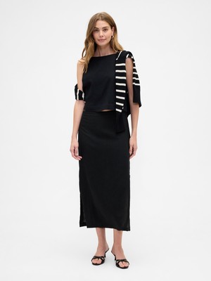 Gap Kadın Siyah Keten Karışımı Maxi Slip Etek