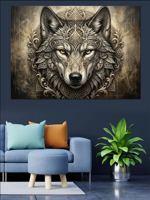 Tablomega Karmaşık Desenli Kurt Kafası Portresi Dekoratif Kanvas - Mdf Ahşap Tablo