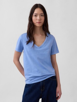 Gap Kadın Mavi Organik Pamuk Vintagesoft V-Yaka T-Shirt
