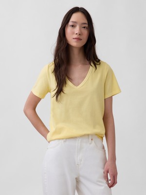 Gap Kadın Sarı Organik Pamuk Vintagesoft V-Yaka T-Shirt