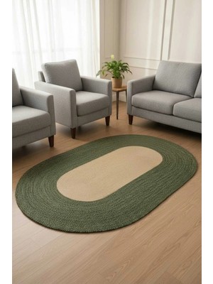 Home İnn Modern Oval Halı Yeşil & Natural | Dekoratif Şık Salon Halısı | Minimal & Bohem Ev Dekoru
