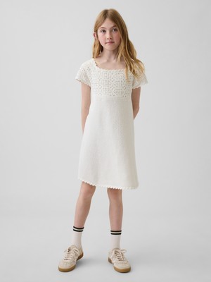 Gap Kız Çocuk Beyaz Crochet Triko Elbise