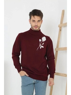Pileli Store Baskılı Yarım Boğazlı Uzun Kol Dokuma Triko - Bordo