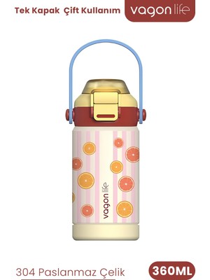 Vagonlife 360 ml Çocuk Termosu Tek Kapak Çift Kullanım Pipetli Rahat Içim Kulplu Paslanmaz Çelik Termos 1104-360ML