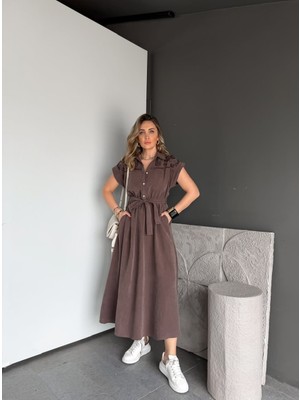 Qimya Butik Egzotik Asortik Kadın Göğsü Dantel Işli Aykol Düğmeli Polo Yaka Beli Lastikli Eskitme Kumaş Uzun Elbise