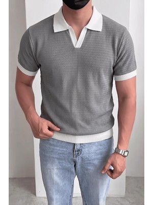 Oksit Cube Erkek Slim Fit Jakarlı Polo Yaka Triko Tişört - Kontrast Şeritli Örme Buklet