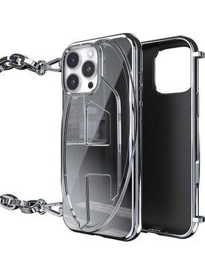 Diesel iPhone 16 Pro Max Uyumlu Oval D Parlak Zincirli Kılıf - Gümüş