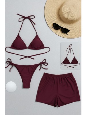 İlkyaz Fashion Ieg™ Kadın 3'lü Set Bordo Şortlu ve Yandan Bağlamalı Bikini Mayo Takımı