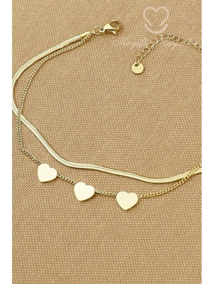 Keyifli Hayaller 316L Çelik Halhal - 2li Kombin Italyan - Kalpli Zincir 316L Çelik Halhal 21+5cm Kararmaz Solmaz