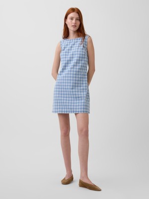 Gap Kadın Açık Mavi Kareli Denim Mini Shift Elbise