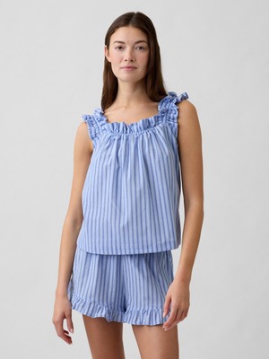 Gap Kadın Mavi Fırfırlı Poplin Pijama Üst