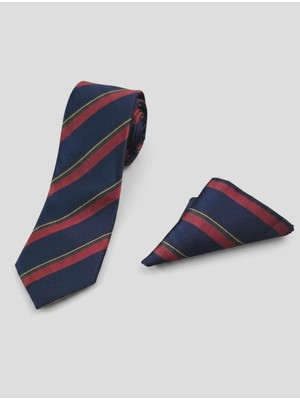 Sdnyazo Louis Cavalle Lacivert Kırmızı Çizgili Erkek Kravat ve Mendil Seti - Mikrofiber Kumaş