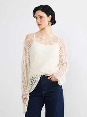 Soulife Kayık Yaka Ajurlu Kadın Triko Kazak