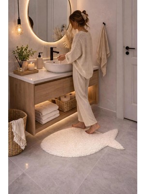Eyprich Kuzu Peluş Süet Taban Ince Banyo Paspası - Balık Desenli Yumuşak Tüy Dokusu