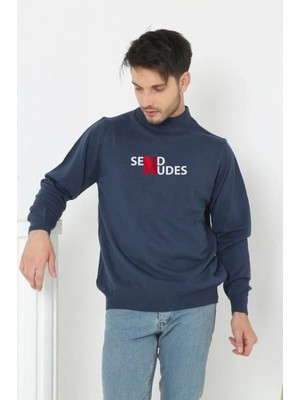 Pileli Store Yarım Boğazlı Baskılı Dokuma Triko - Indigo