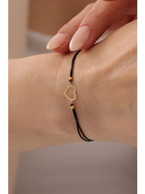 Bayar Gold 14 Ayar Altın Kalp Siyah İpli Bileklik