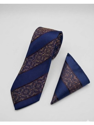 Sdnyazo Louis Cavalle Lacivert Desenli Erkek Kravat ve Mendil Seti - Mikrofiber Kumaş